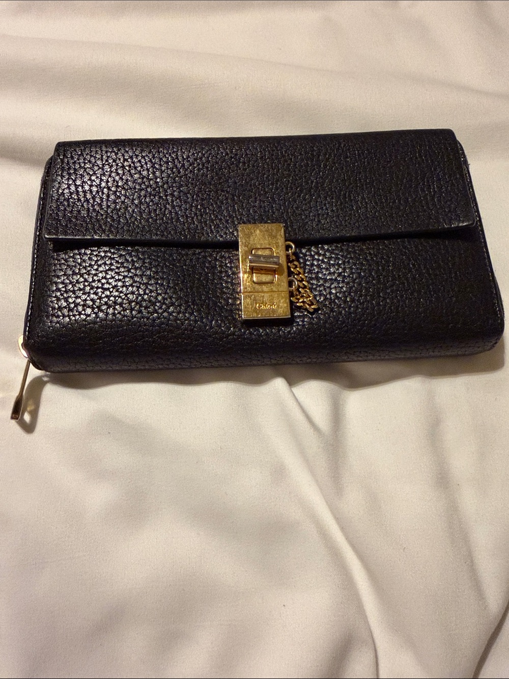 Chloé Black Pebbled Leather Long Wallet | Gold Lock & Chain